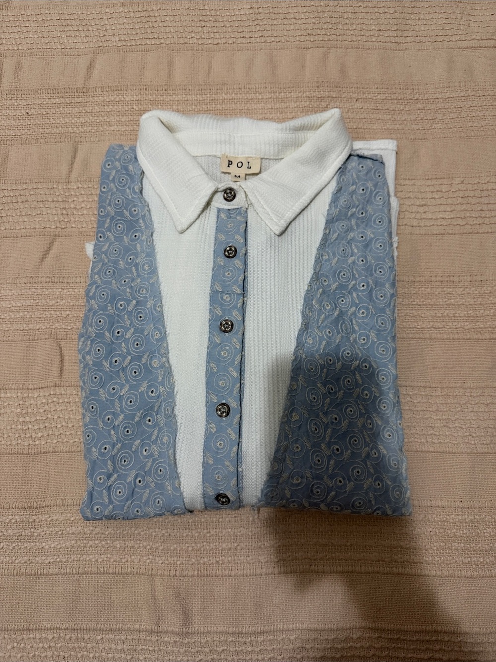 POL Women's White Button-Down with Light Blue Patterned Panels